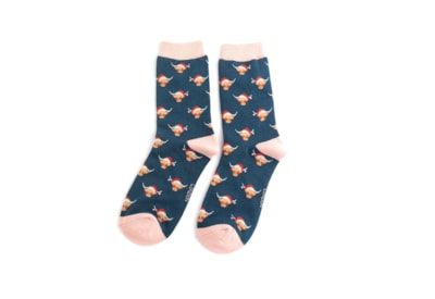 Miss Sparrow Xmas Highland Cows Socks Navy (SKS462NAVY)