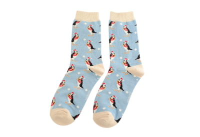 Miss Sparrow Xmas Puffins Socks Powder Blue (SKS463POWDERBLUE)