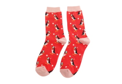 Miss Sparrow Xmas Puffins Socks Red (SKS463RED)