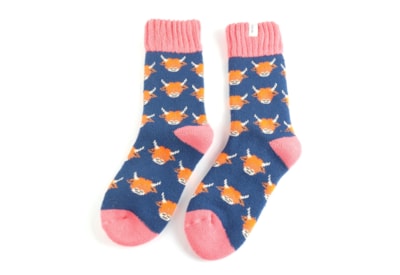 Miss Sparrow Winter Highland Cow Socks Navy (TSW018NAVY)